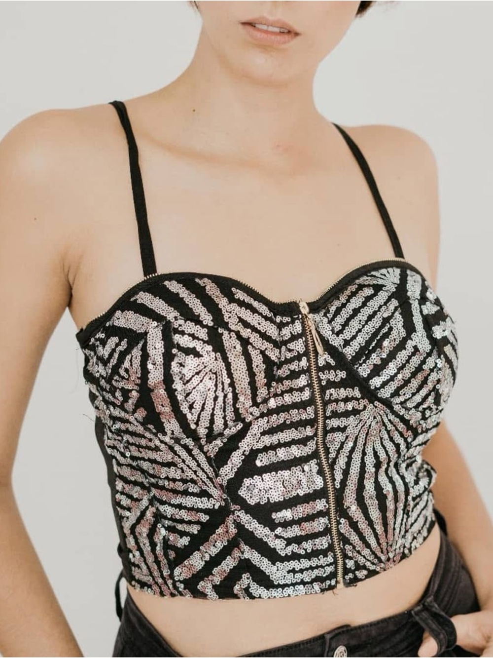 Oh Black Sequin Zip-Front Crop Top